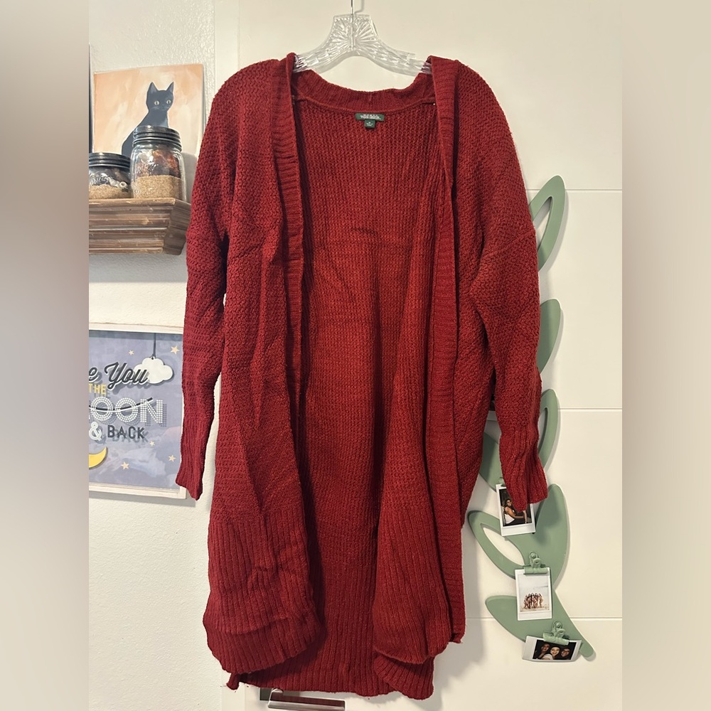 Dark Red Side Slit Long Cardigan